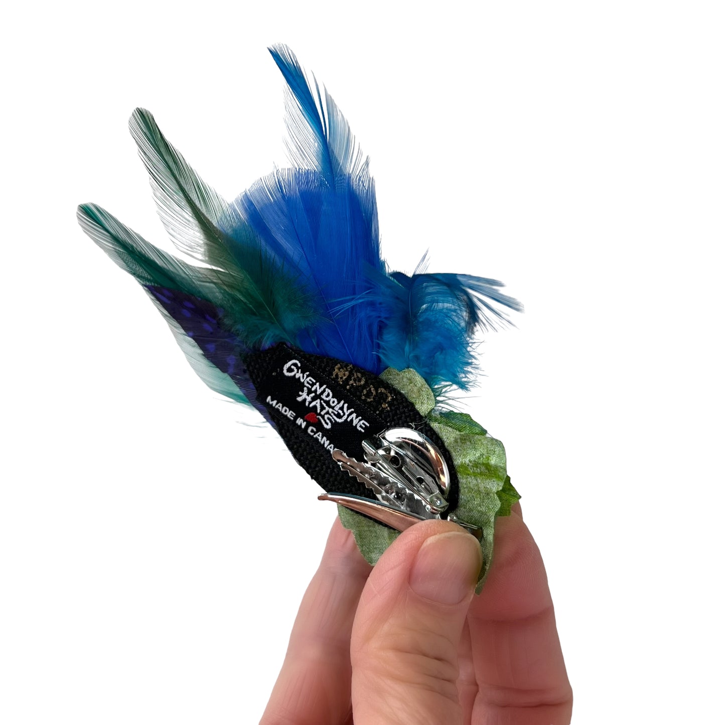 Feather Button Brooch Clip Lime Green Polkadots Blue