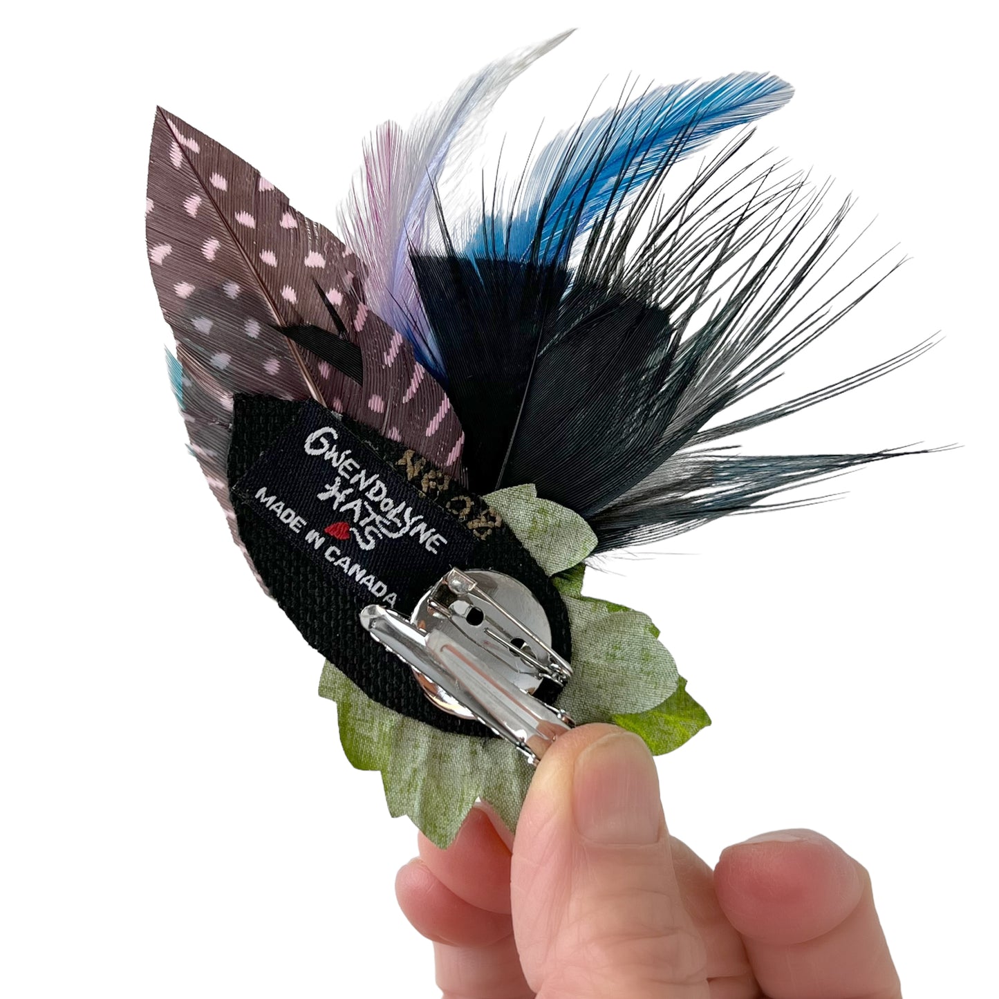 Feather Button Brooch Clip Hot Pink Polkadots Blue