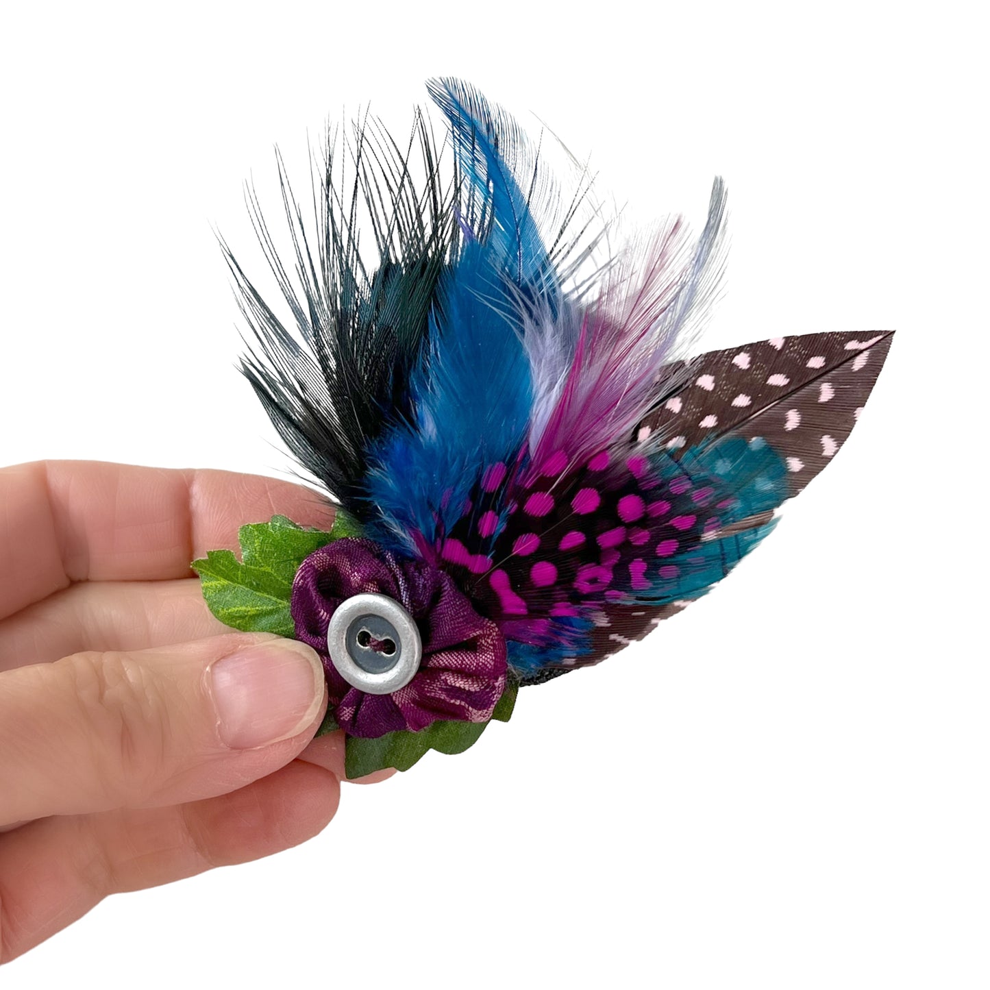 Feather Button Brooch Clip Hot Pink Polkadots Blue