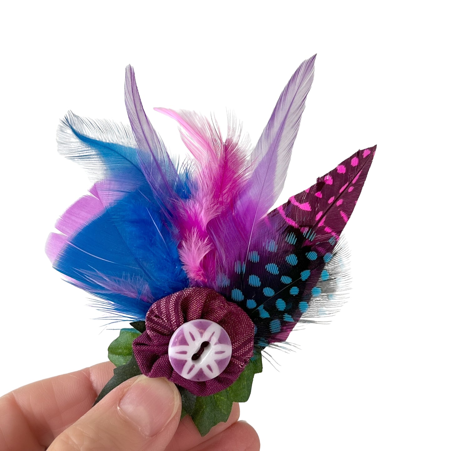 Feather Button Brooch Clip Pink Blue Polkadots