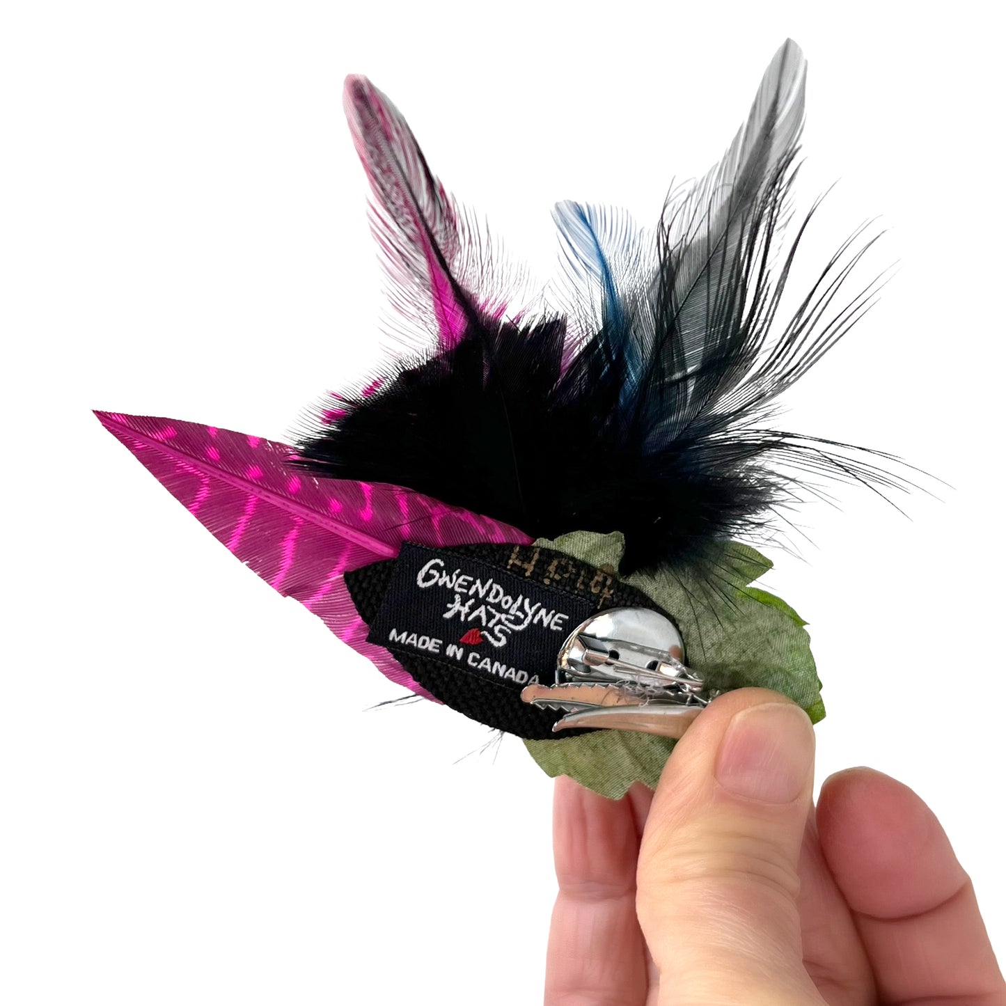 Feather Button Brooch Clip Blue Hot Pink Polkadots