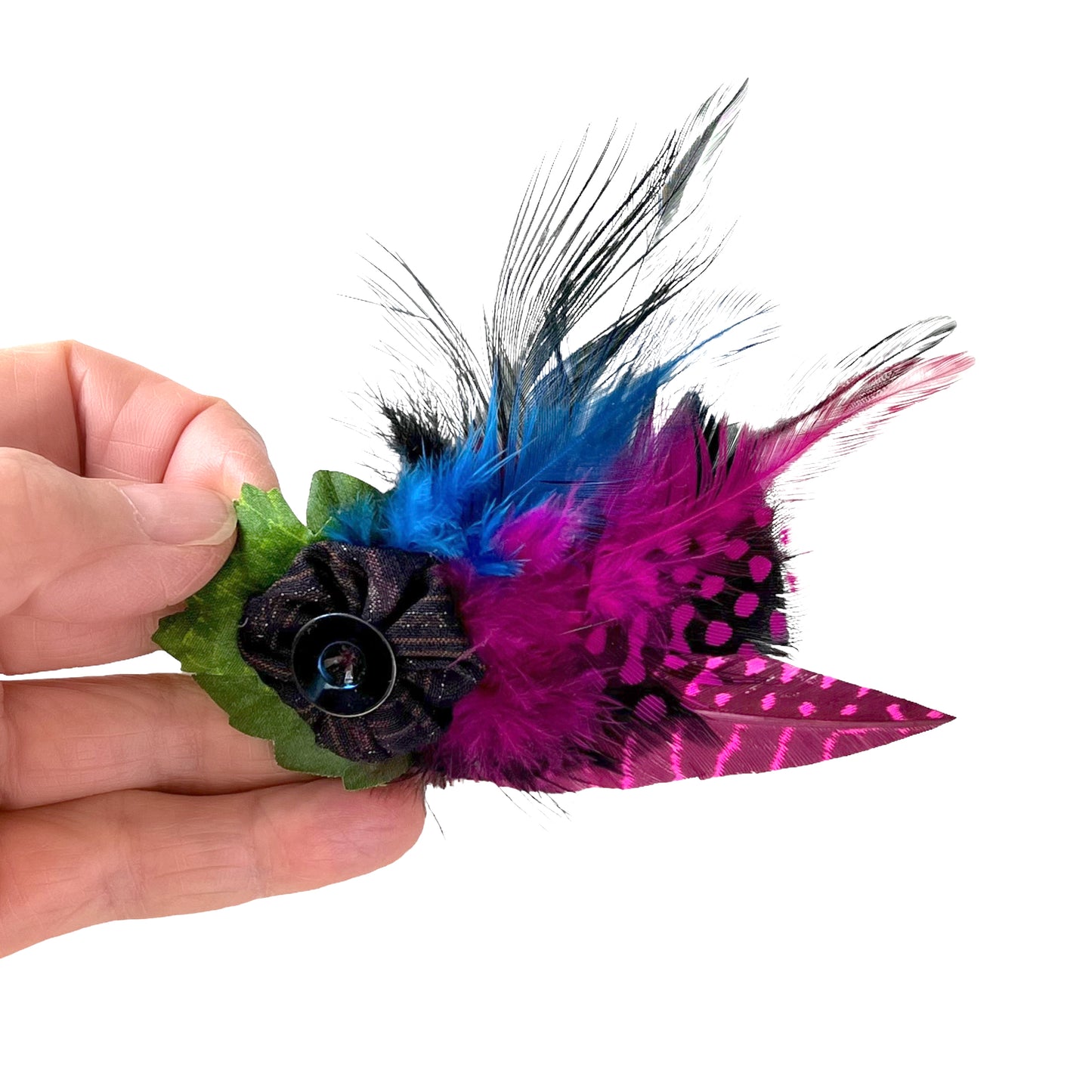Feather Button Brooch Clip Blue Hot Pink Polkadots
