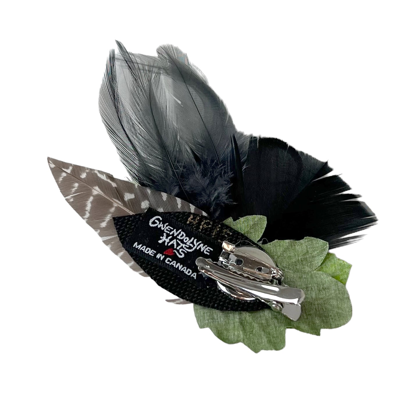 Feather Button Brooch Clip Grey Lime Green Polkadots