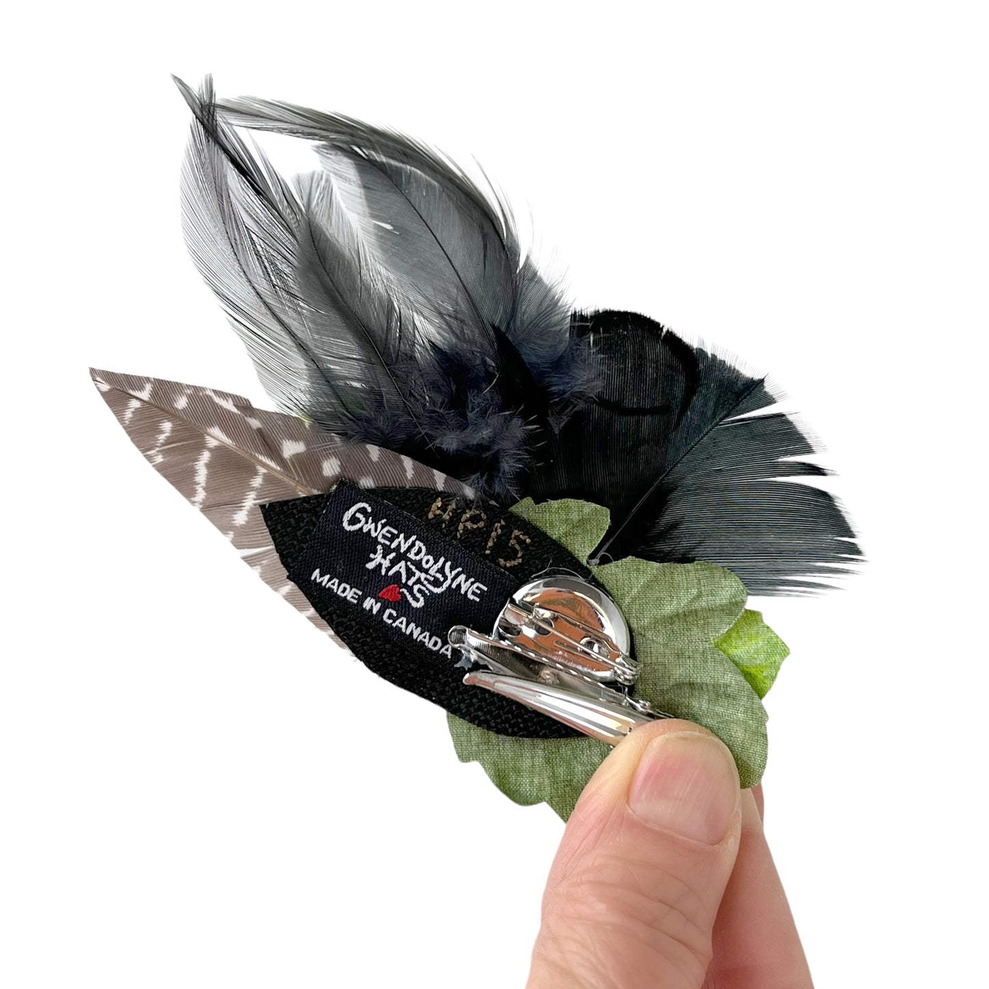 Feather Button Brooch Clip Grey Lime Green Polkadots