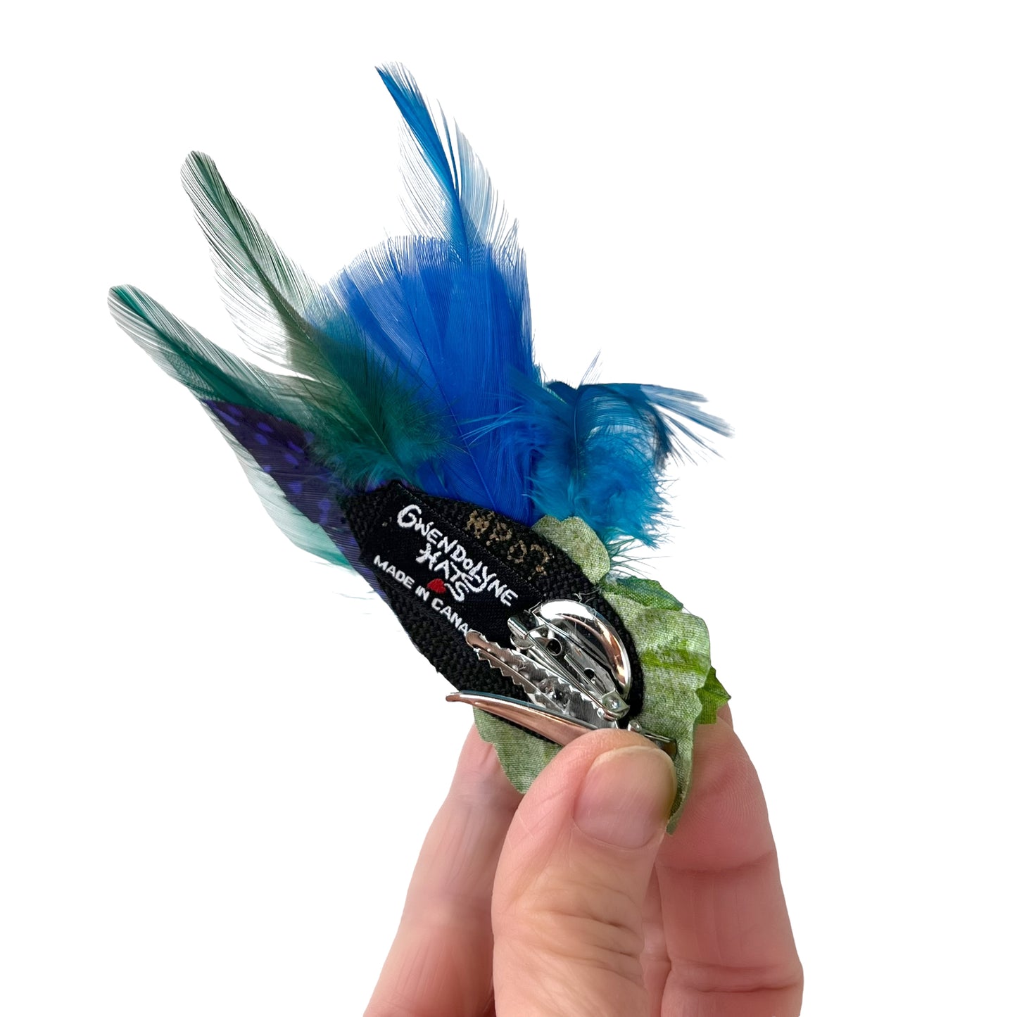 Feather Button Brooch Clip Blue Polkadots