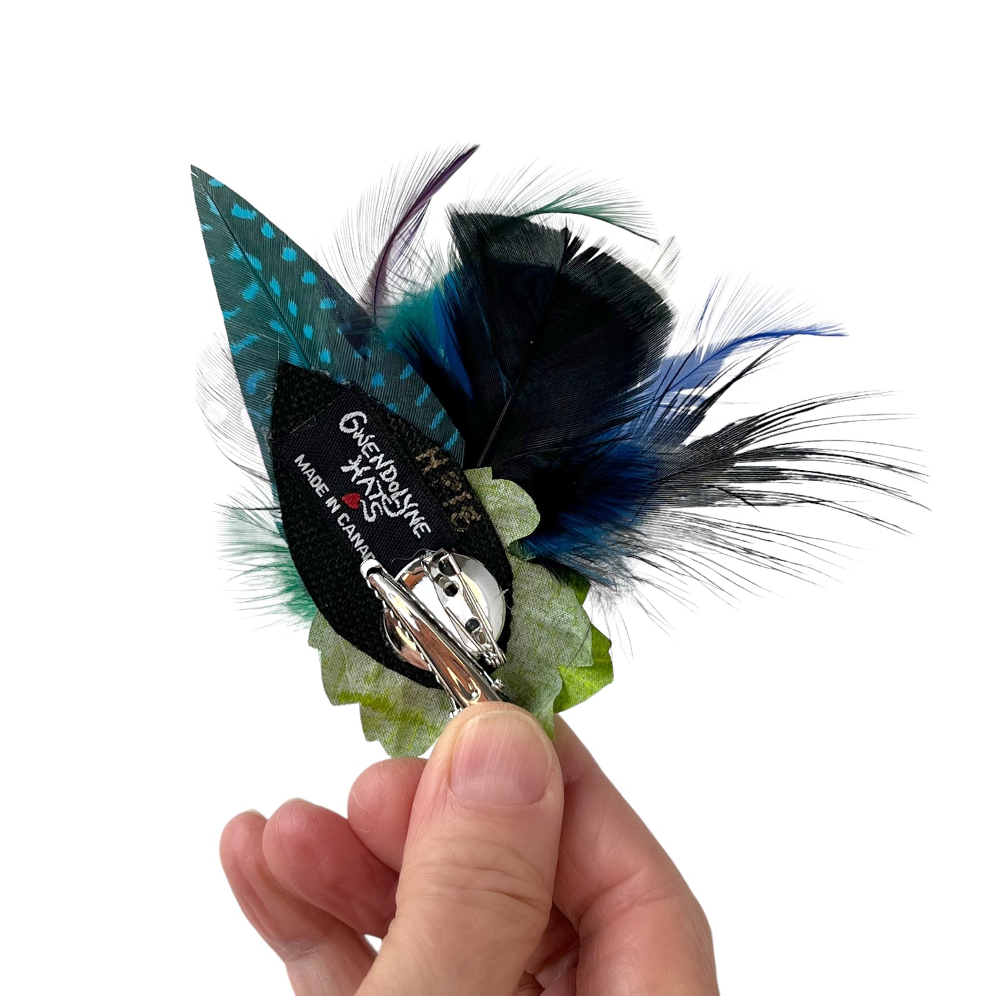 Feather Button Brooch Clip Purple Blue Polkadots
