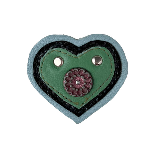 Heart Leather Button Brooch Green