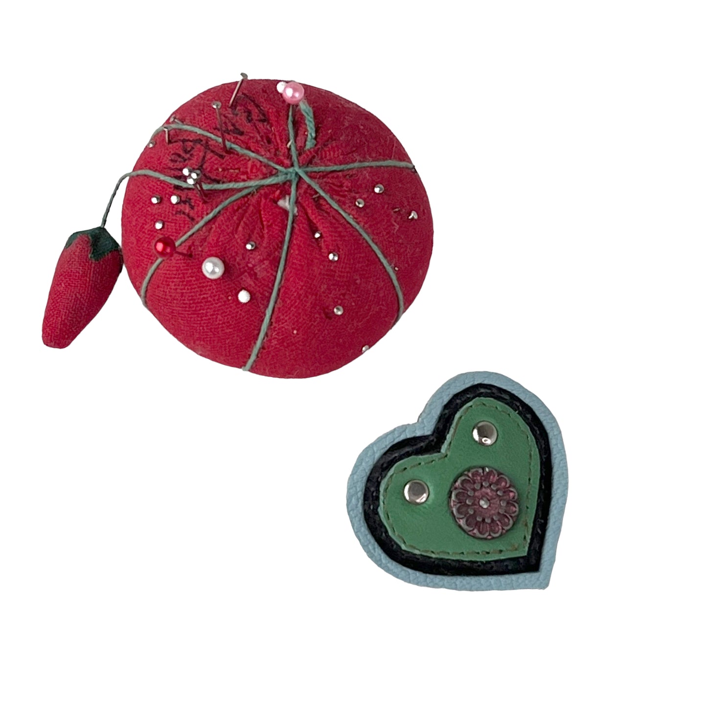 Heart Leather Button Brooch Green