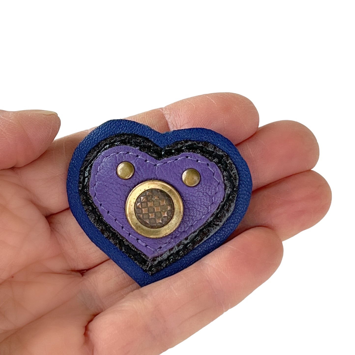 Heart Leather Button Brooch Purple Blue