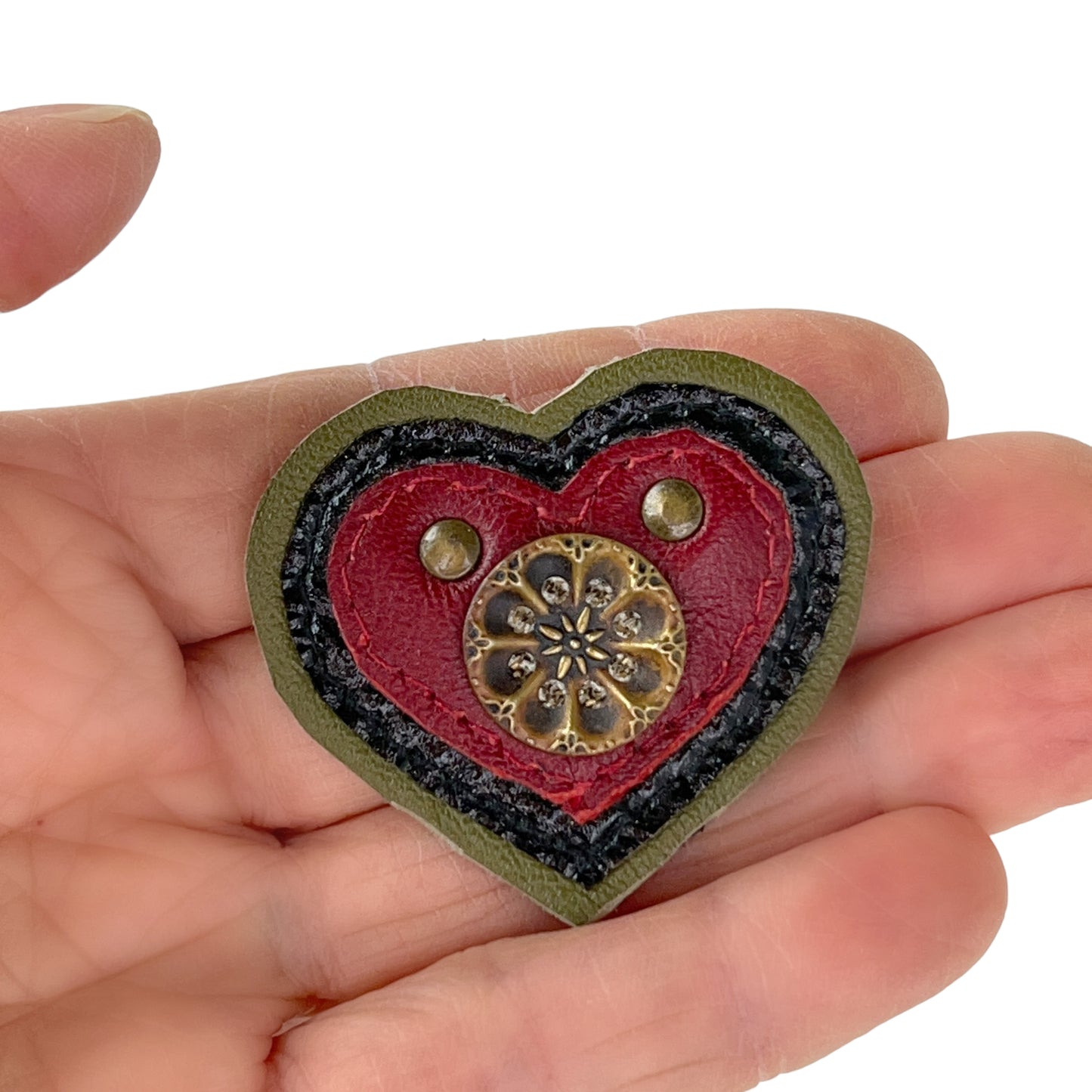 Heart Leather Button Brooch Red Olive