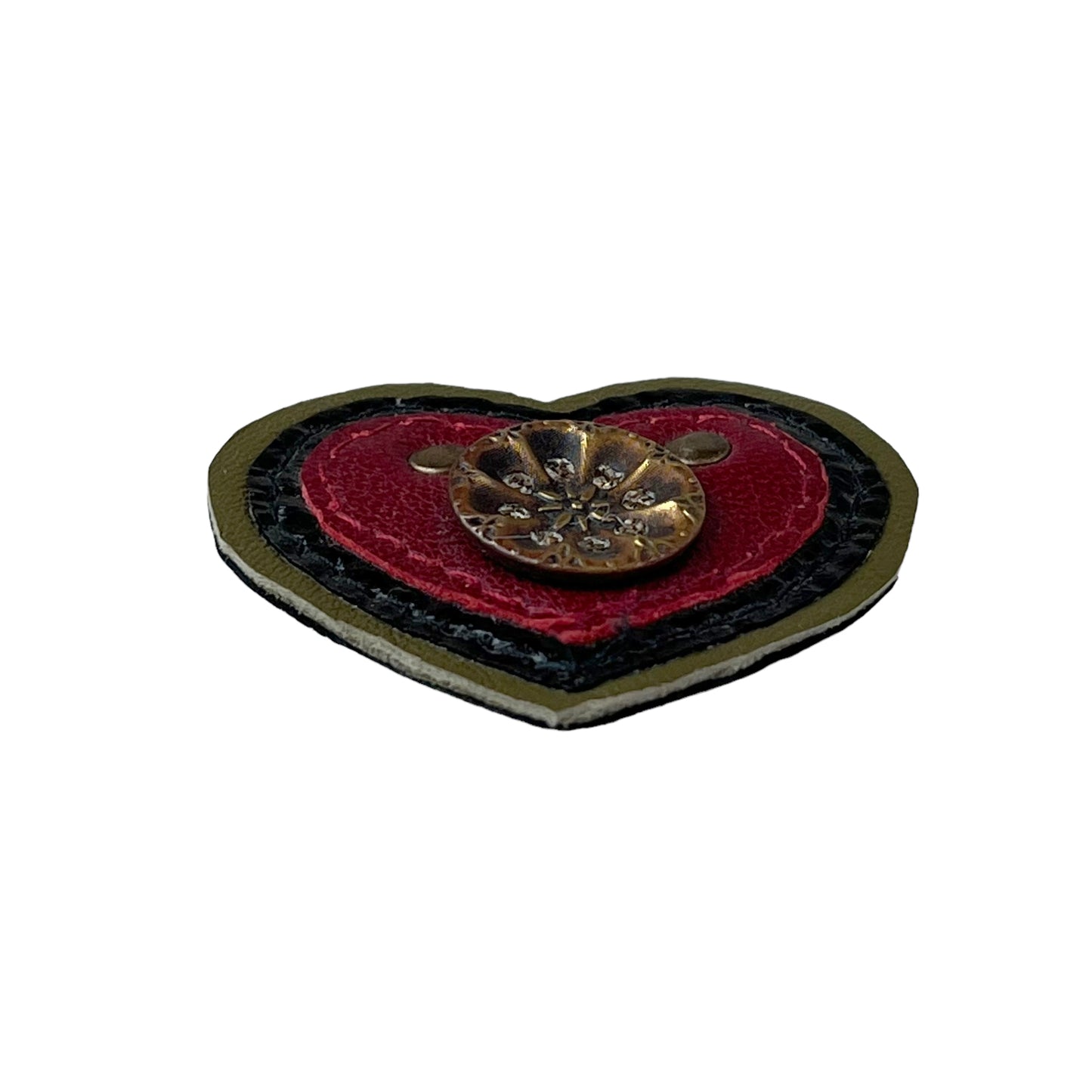 Heart Leather Button Brooch Red Olive