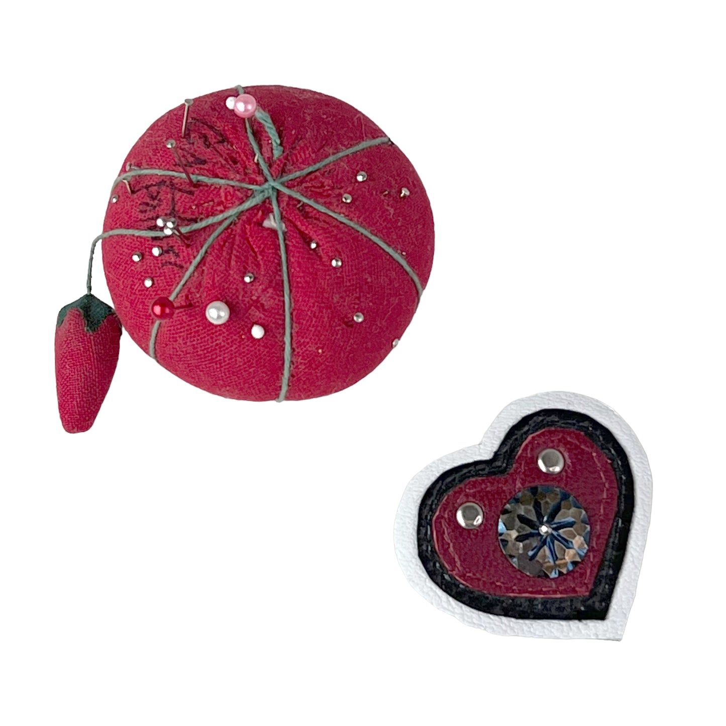 Heart Leather Button Brooch Red White