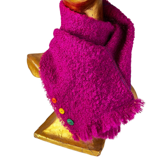 Hot Pink Fushia Boucle Weave Fringe with Buttons Scarf