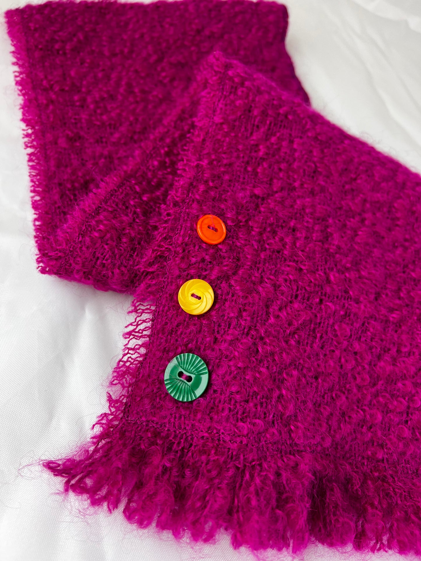 Hot Pink Fushia Boucle Weave Fringe with Buttons Scarf