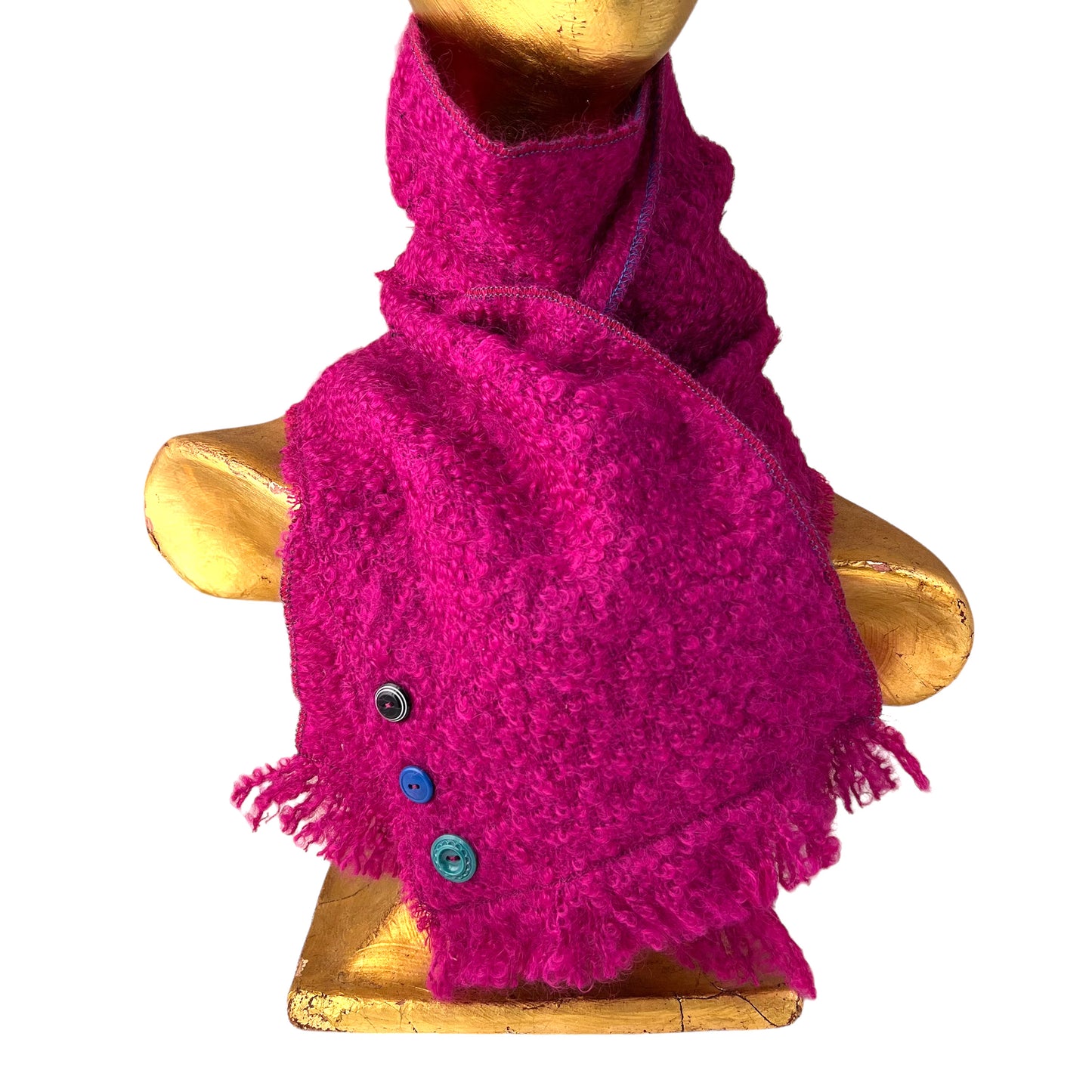 Hot Pink Fushia Boucle Weave Fringe with Buttons Scarf