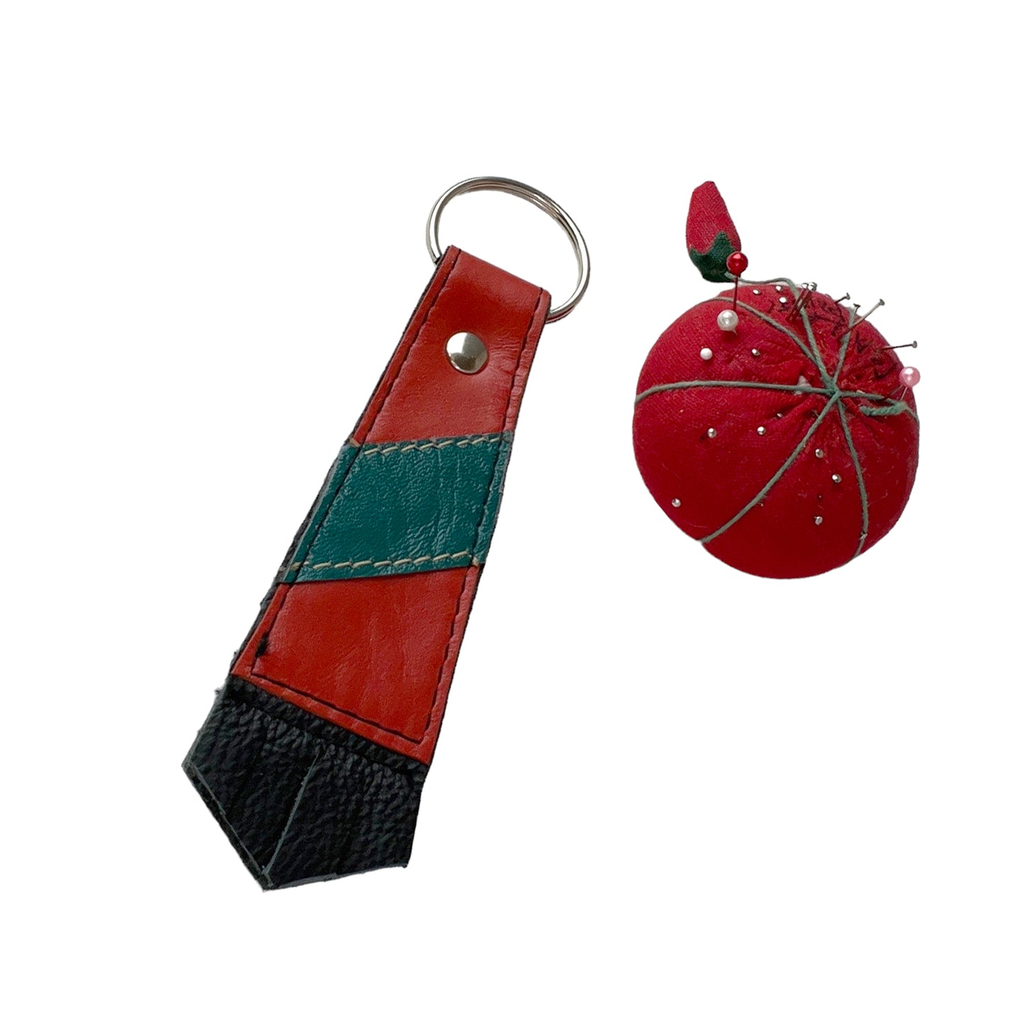 Large Orange Teal Cowhide Key Ring Fob