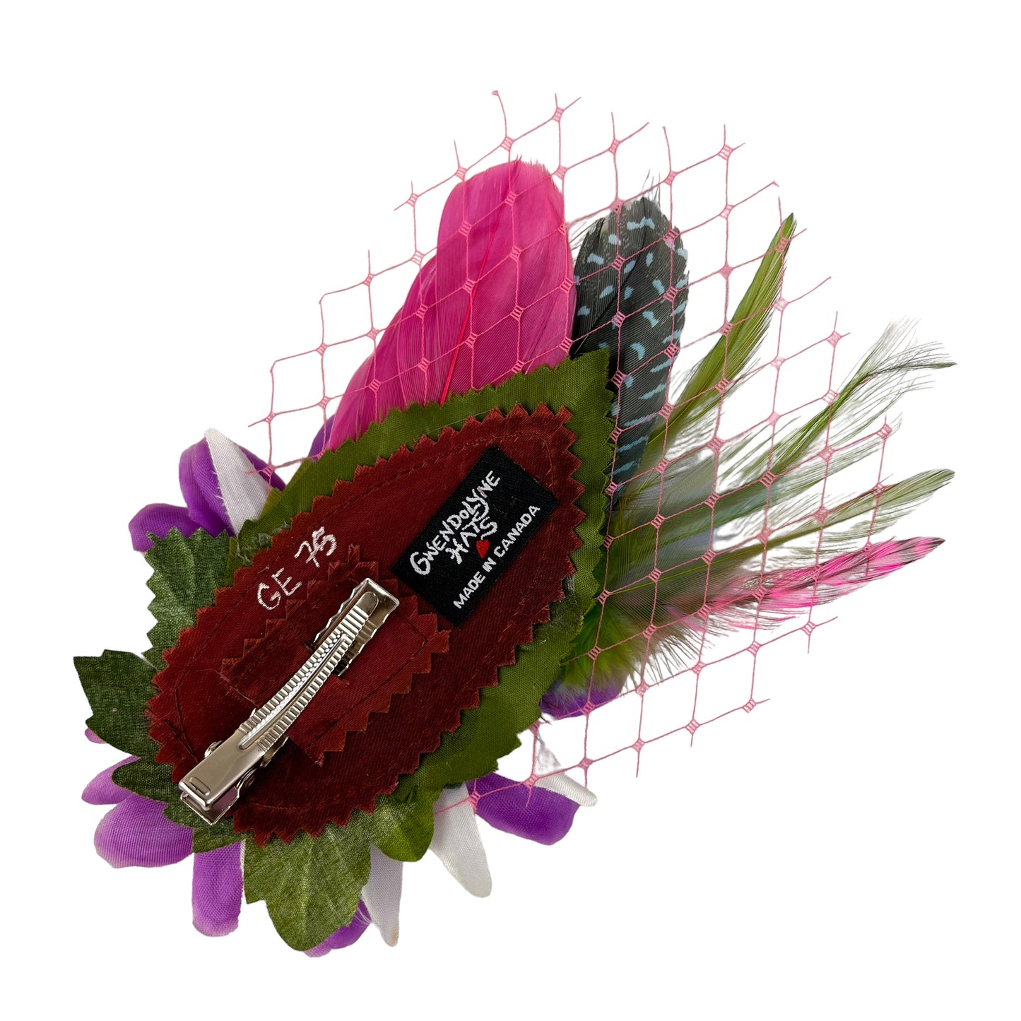Large Flower Feather Hair Clip Pastel Purple Red