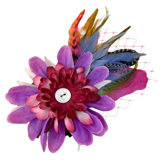 Large Flower Feather Hair Clip Pastel Purple Red