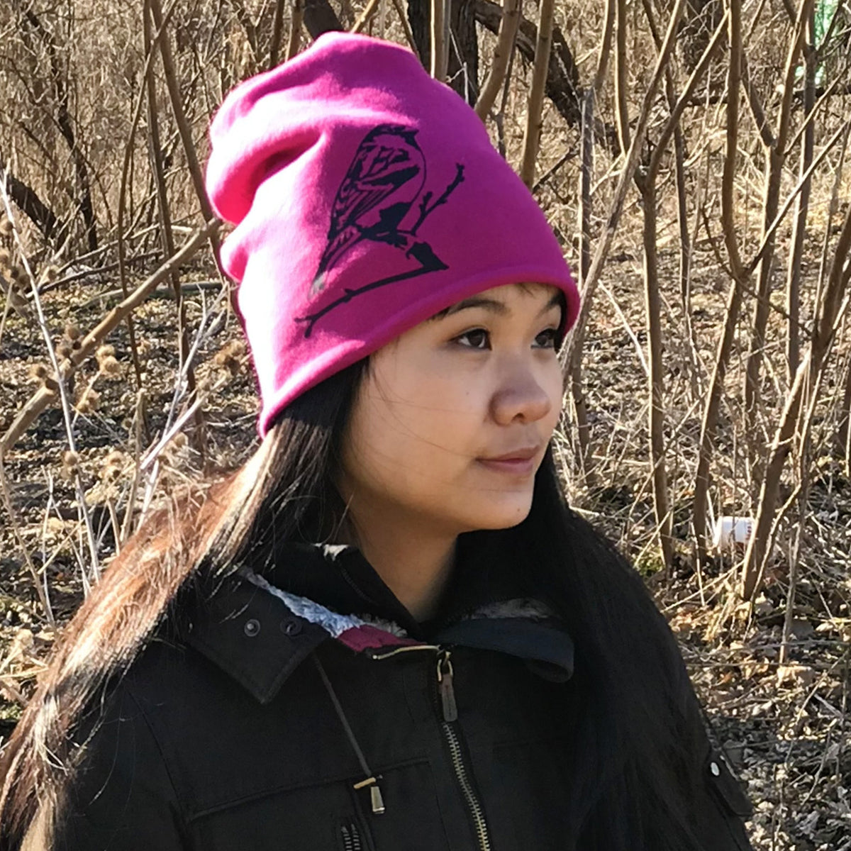 Sparrow Slouchy Branch Bird Toque Hat Magenta Pink