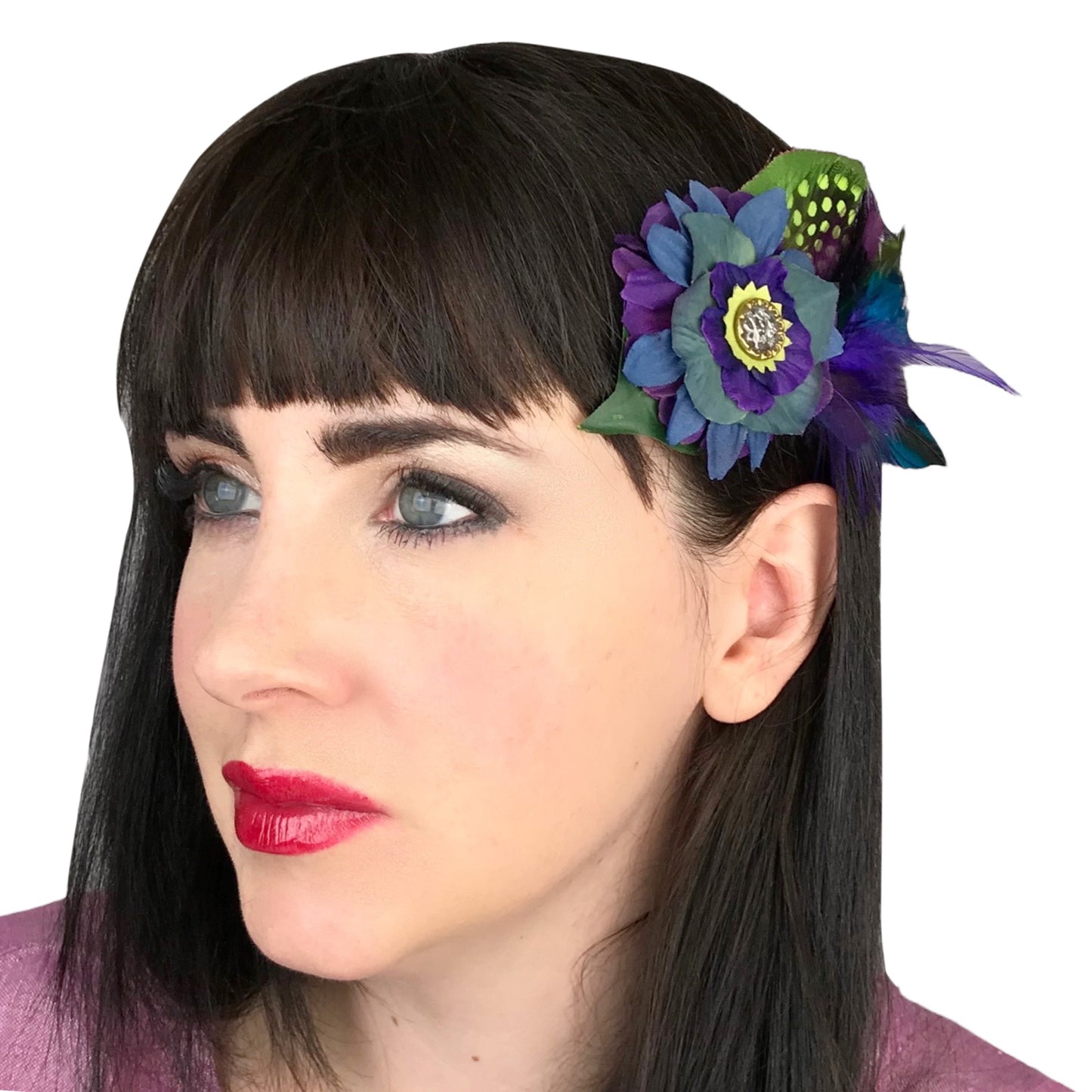 Small Flower Feather Hair Clip Navy Blue Violet Purple
