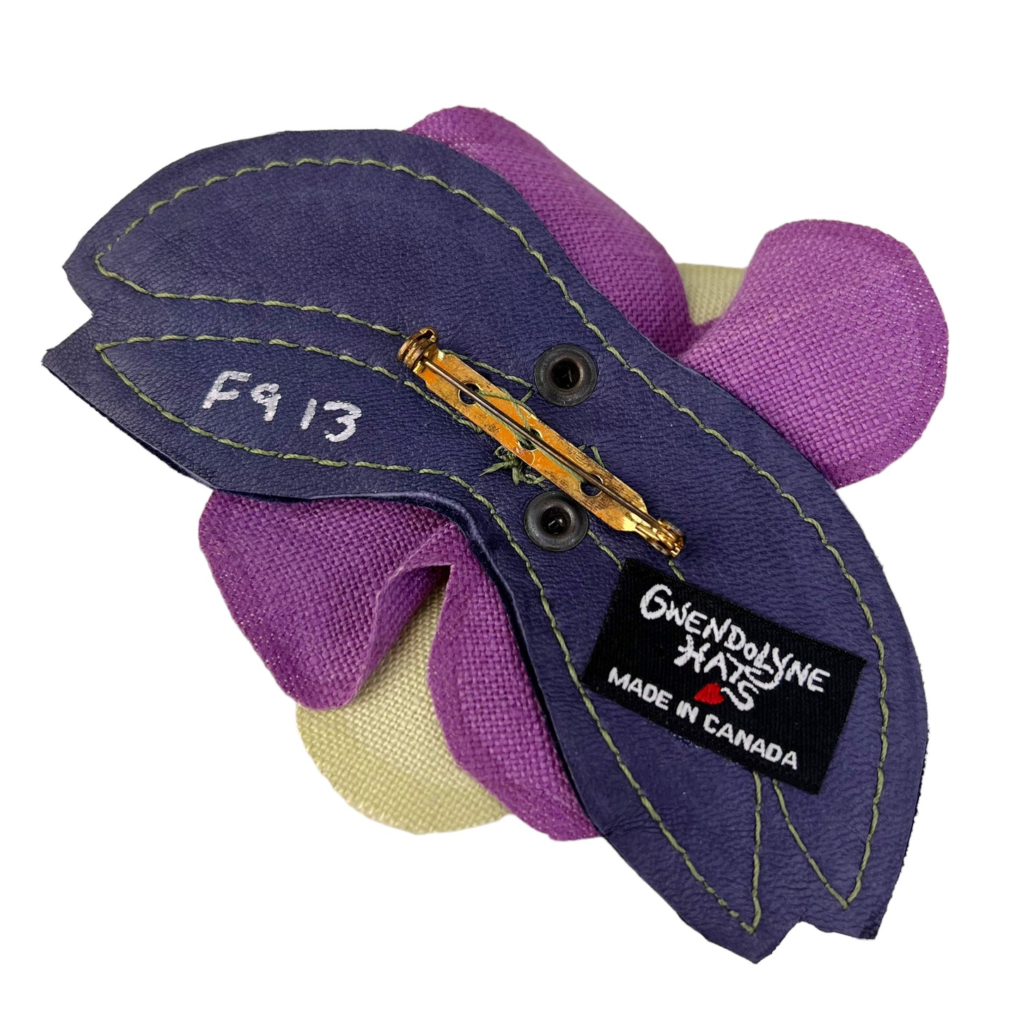 Linen Flower Brooch Pin Pale Chartreuse Green Purple
