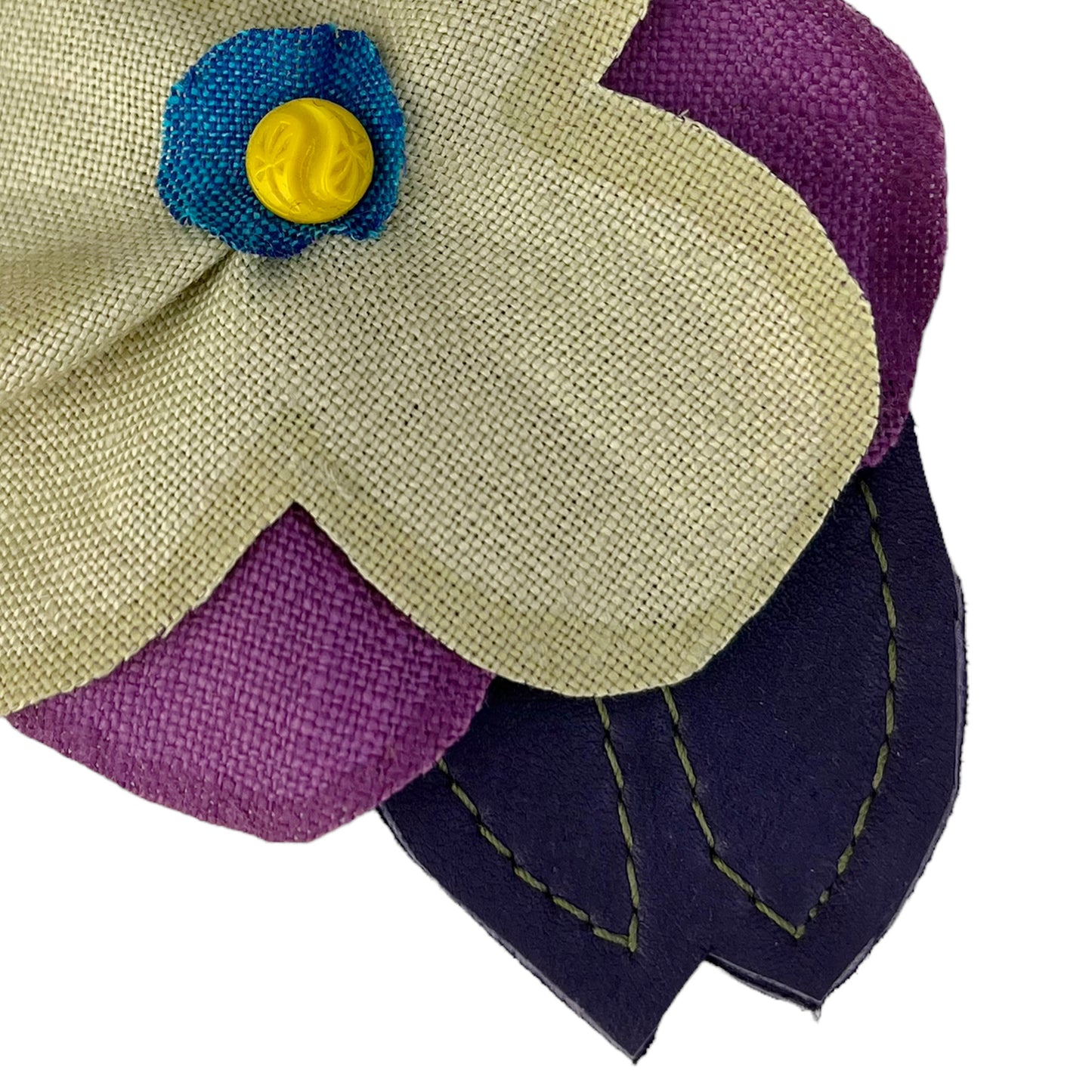 Linen Flower Brooch Pin Pale Chartreuse Green Purple