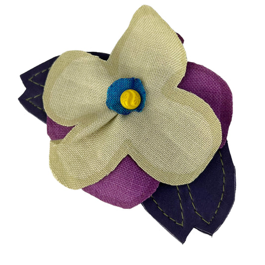 Linen Flower Brooch Pin Pale Chartreuse Green Purple
