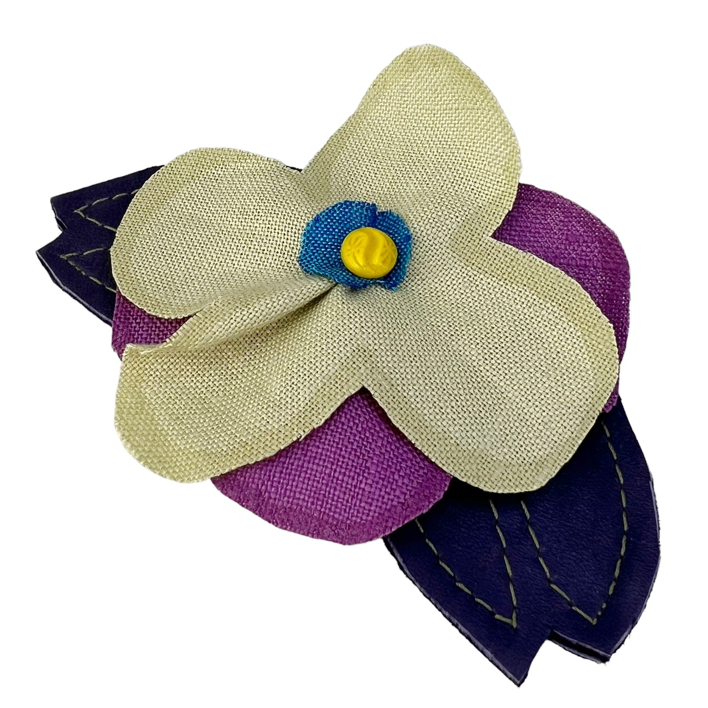 Linen Flower Brooch Pin Pale Chartreuse Green Purple