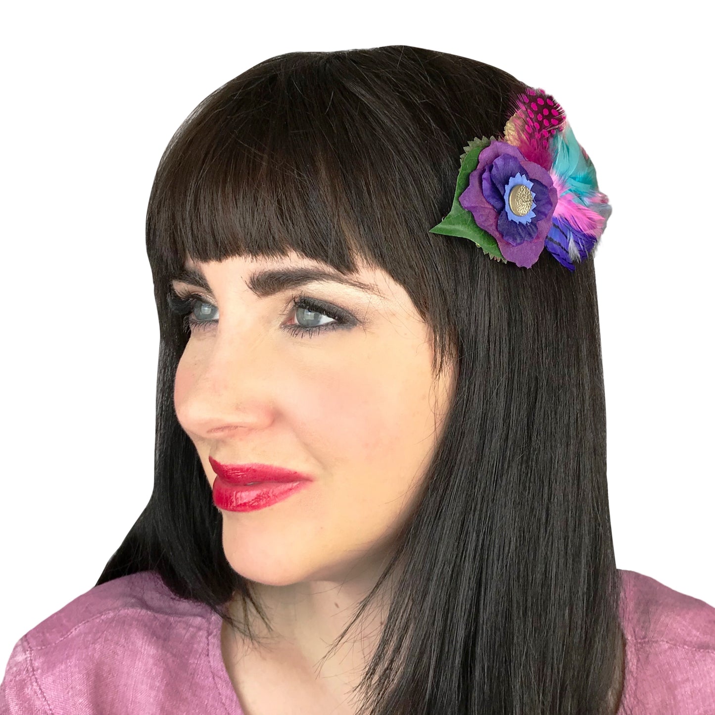 Small Flower Feather Button Hair Clip Purple Pink Light Blue