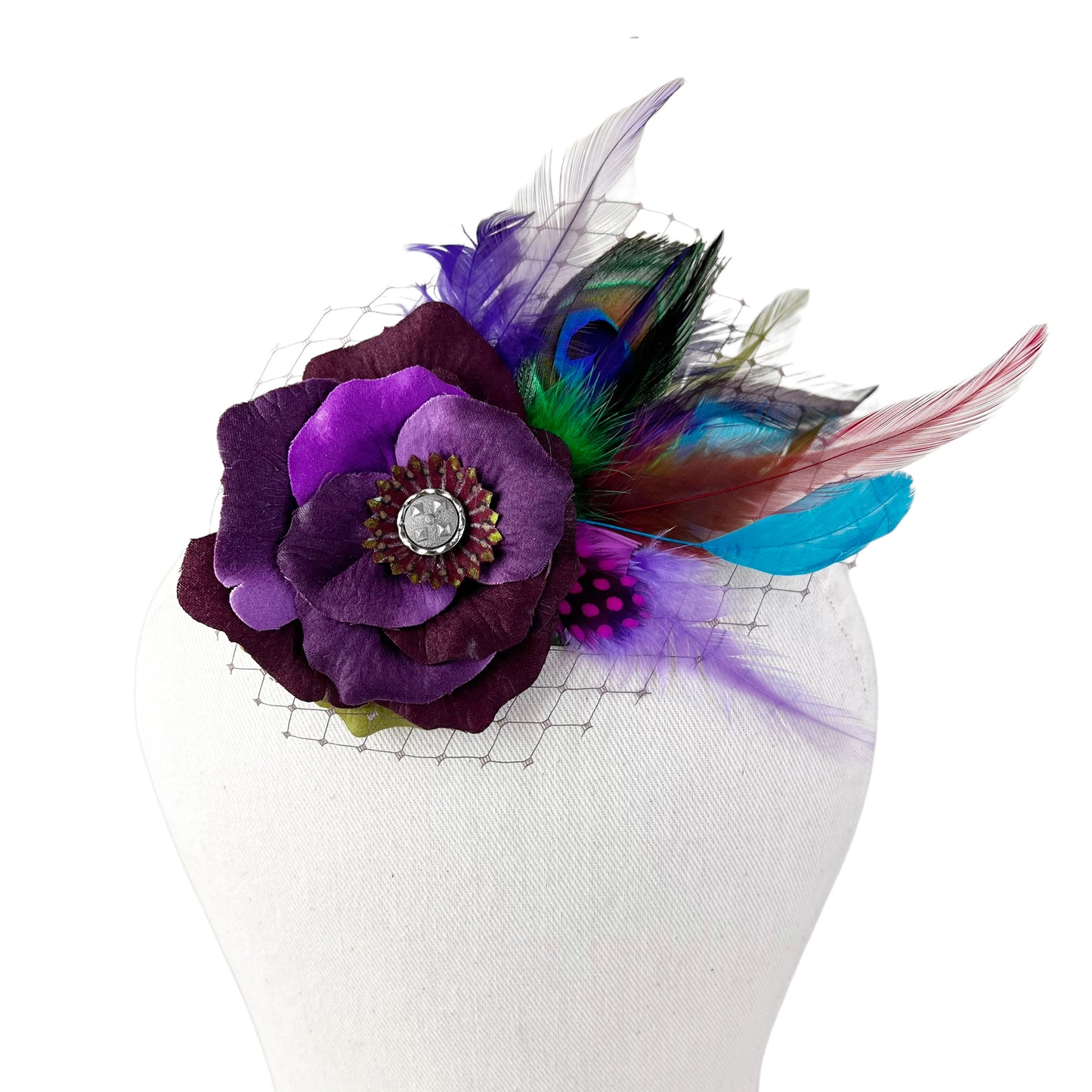 Purple Peacock Rose Fascinator Hair Clip