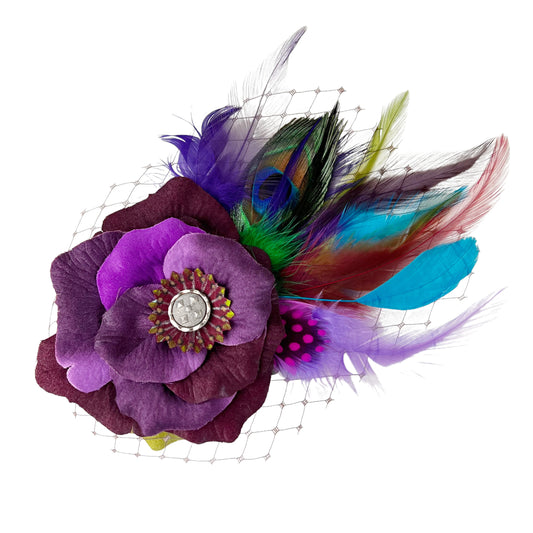 Purple Peacock Rose Fascinator Hair Clip