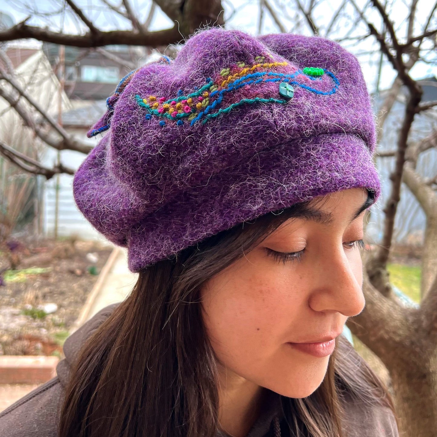 Purple Pumpkin Wool Knit Beret Embroidered with Buttons PPE1