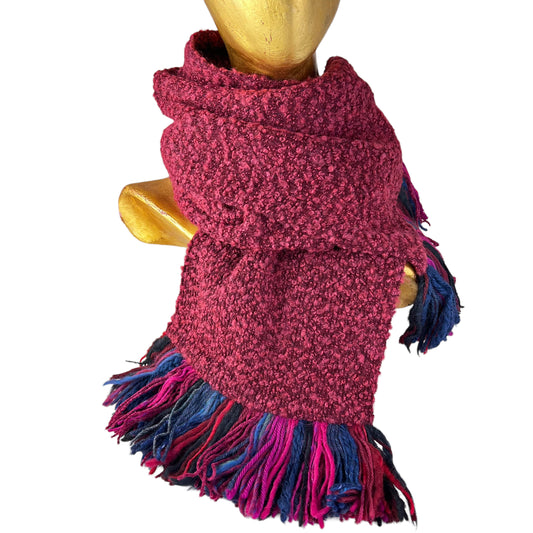 Boucle Double Knit Layer Fringe Scarf Raspberry Red