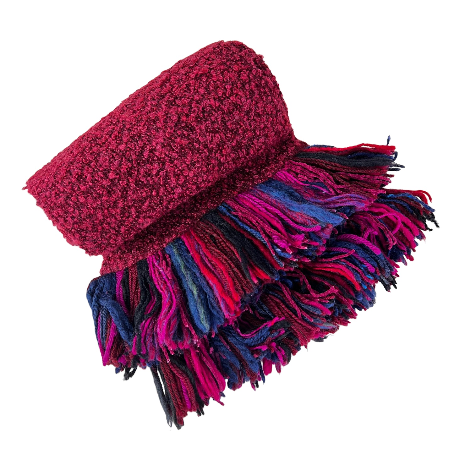 Boucle Double Knit Layer Fringe Scarf Raspberry Red
