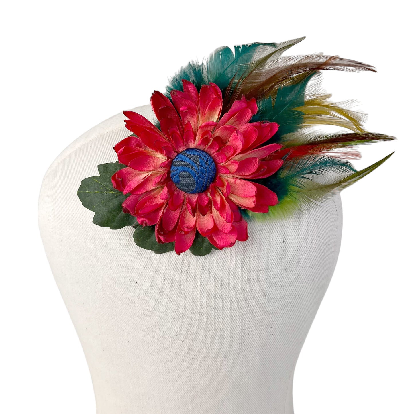 Large Flower Feather Hair Clip Coral Red