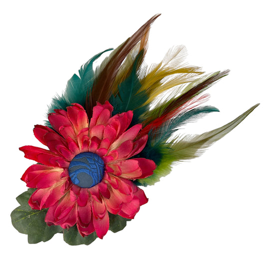 Large Flower Feather Hair Clip Coral Red