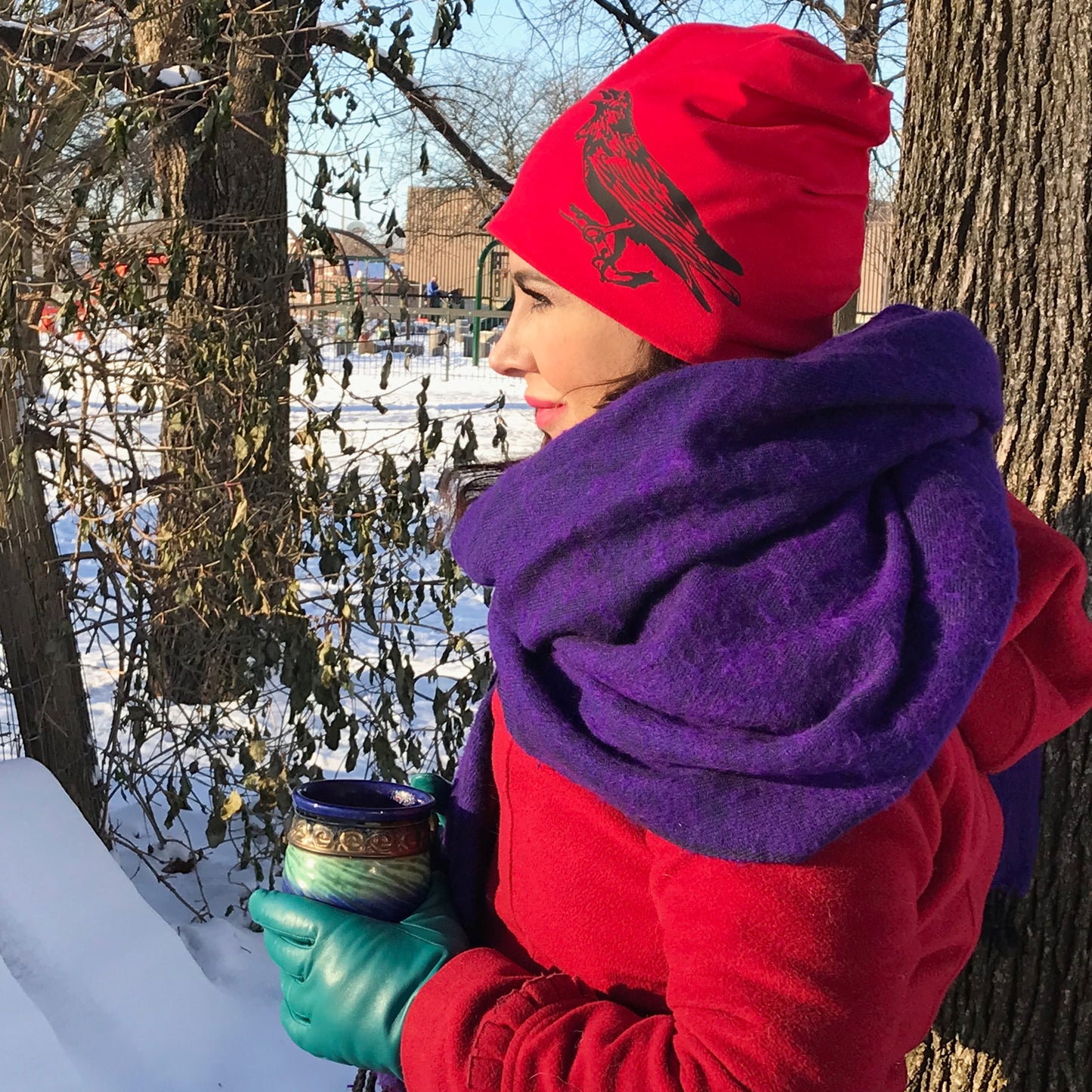 Raven Slouchy Bird Toque Hat Red