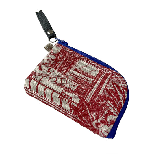 Red Toile Linen Zipper Card Wallet