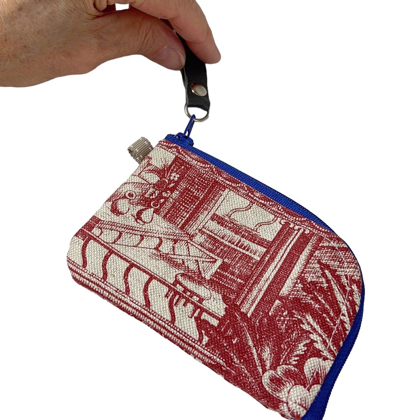 Red Toile Linen Zipper Card Wallet