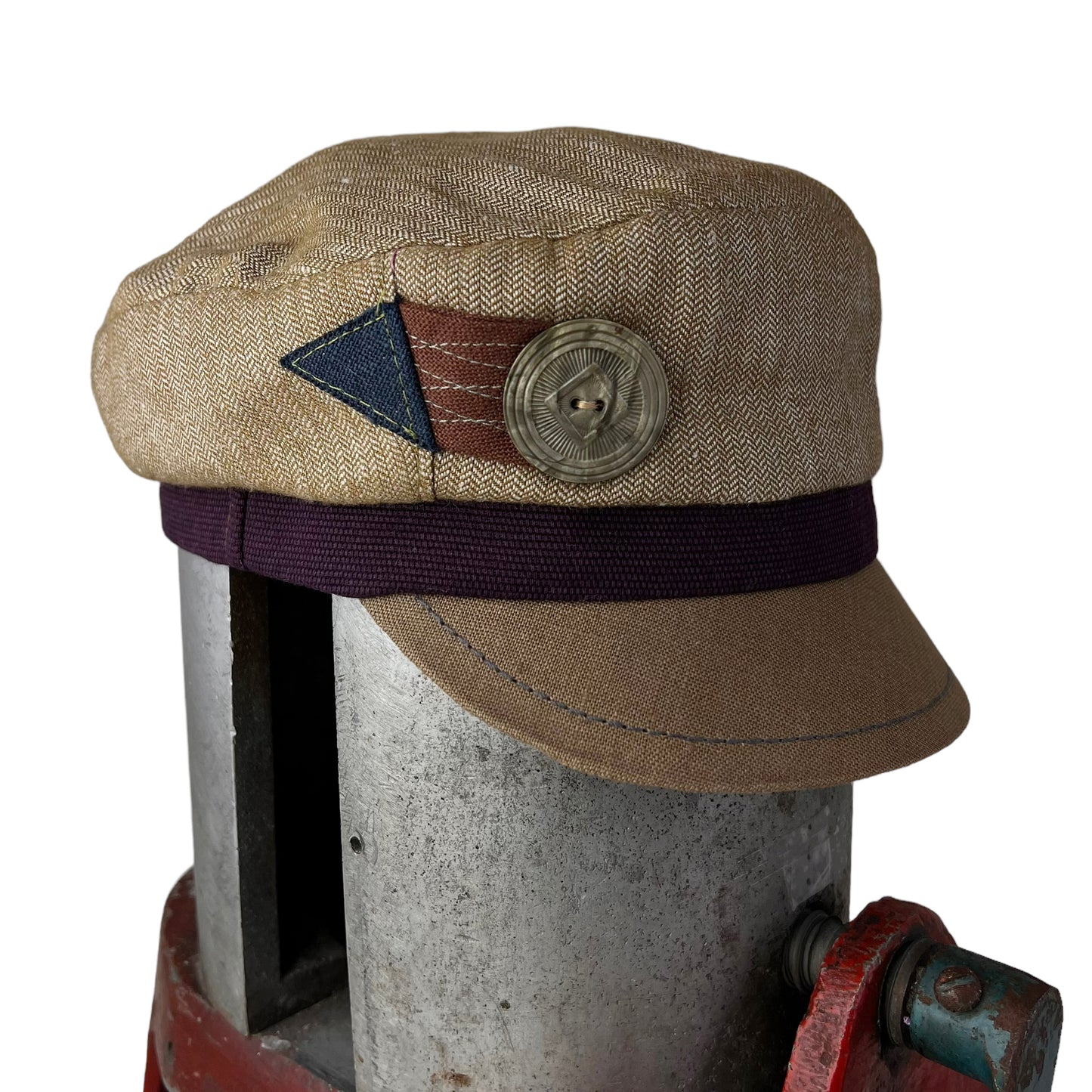 Robin Linen Cap Large Sienna Brown Herringbone Eggplant Band Army green Peak