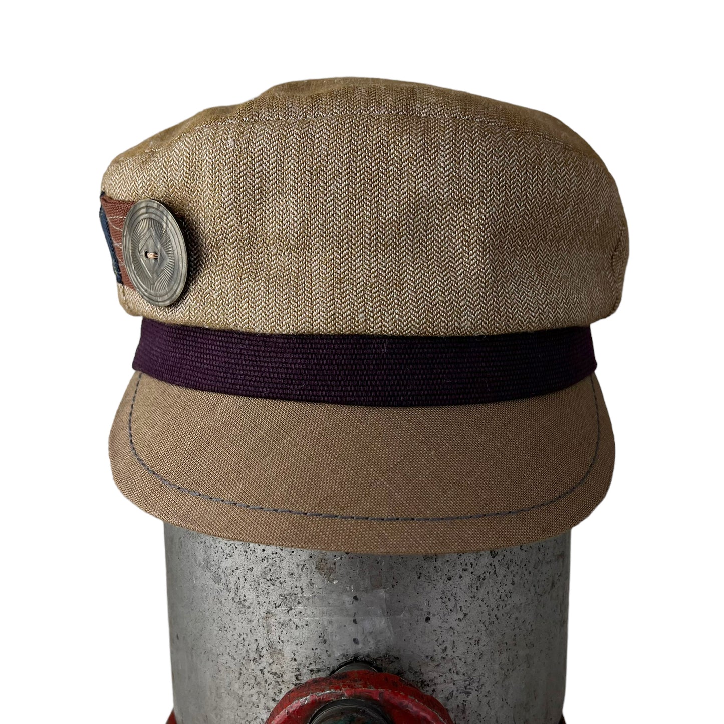Robin Linen Cap Large Sienna Brown Herringbone Eggplant Band Army green Peak