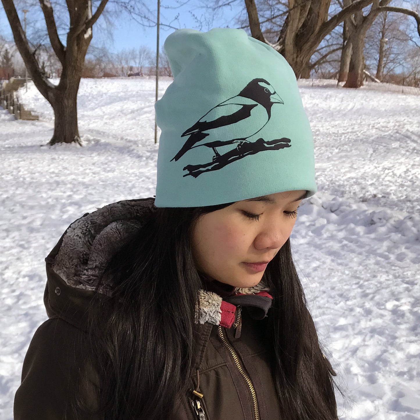 Evening Grosbeak Slouchy Bird Toque Hat Pastel Sea Foam Green