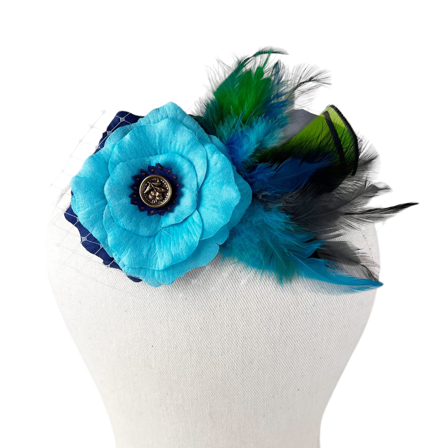 Blue Turquoise Rose Fascinator Feather Hair Clip