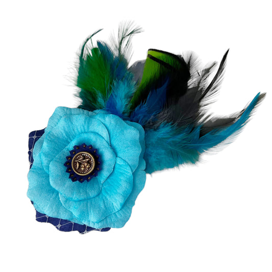 Blue Turquoise Rose Fascinator Feather Hair Clip