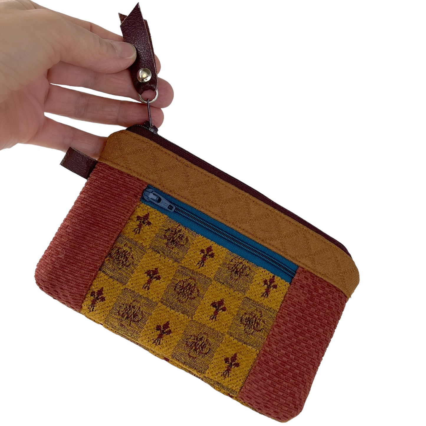 Gold Rust Teal Patchwork Tapestry Zipper Card Wallet