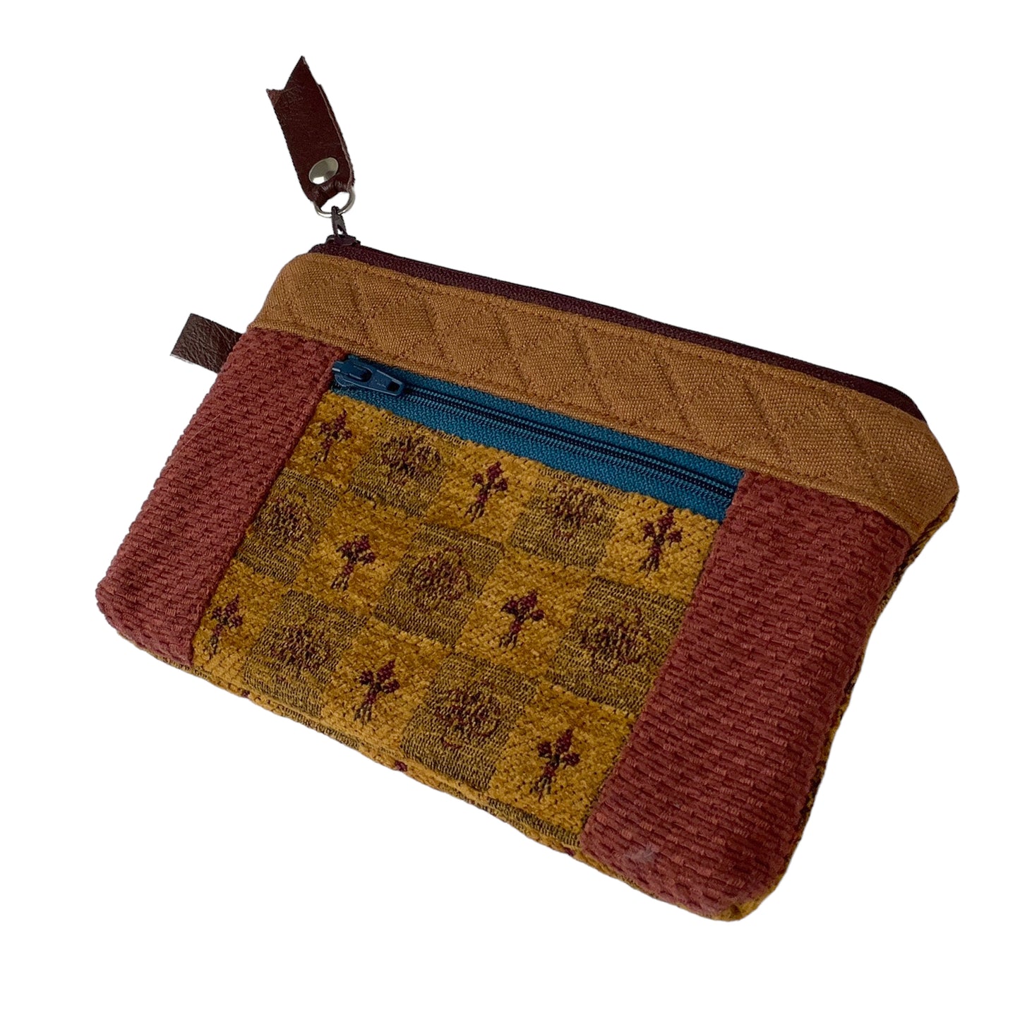 Small Zipper Card Tapestry Wallet Gold Rust Teal Patchwork