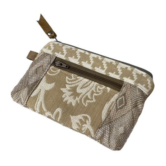 Ivory Tan Beige  Patchwork Tapestry Zipper Card Wallet