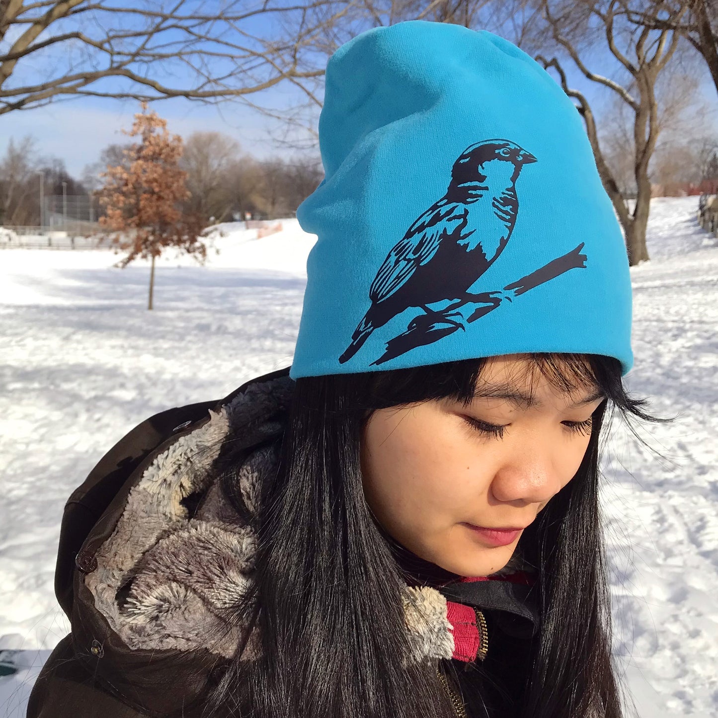 Sparrow Bird Slouchy Toque Hat Turquoise Blue