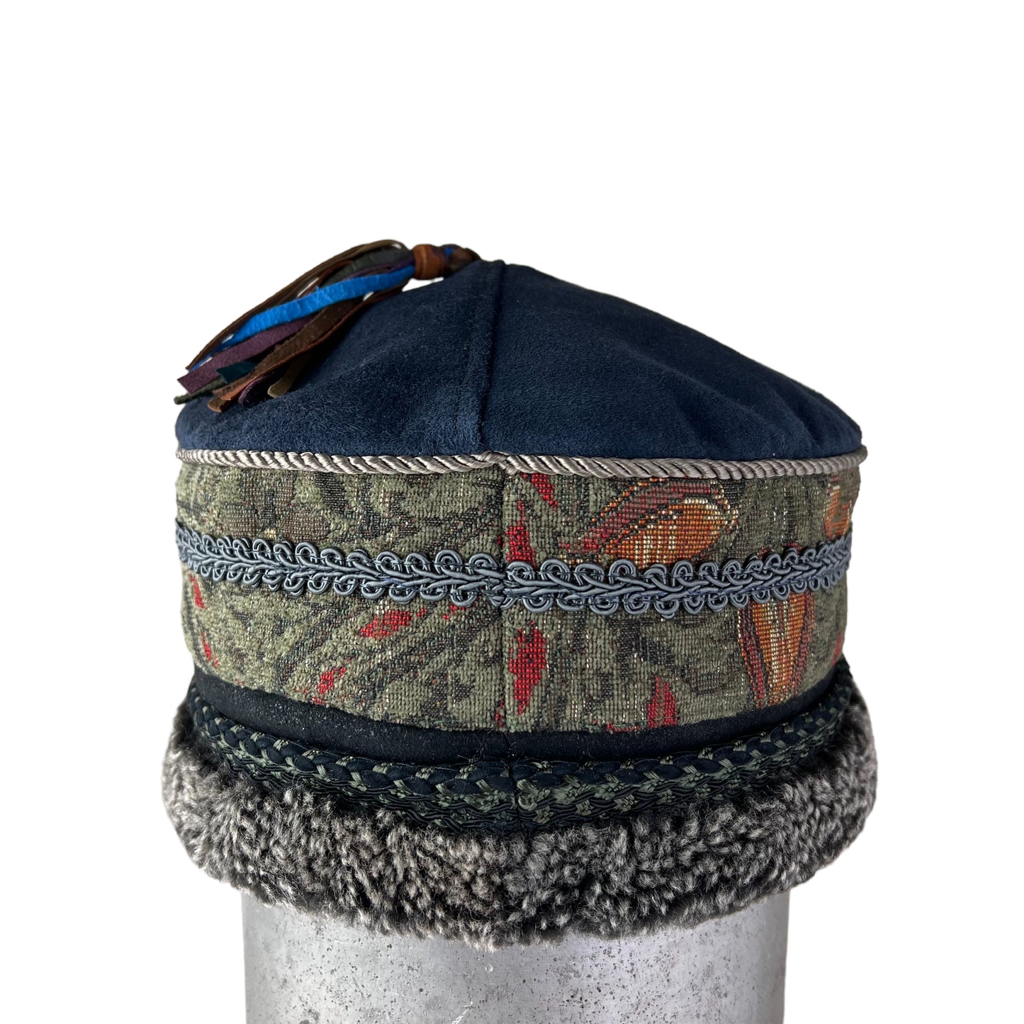 Tibetan Pillbox Hat Medium/Small Navy Green