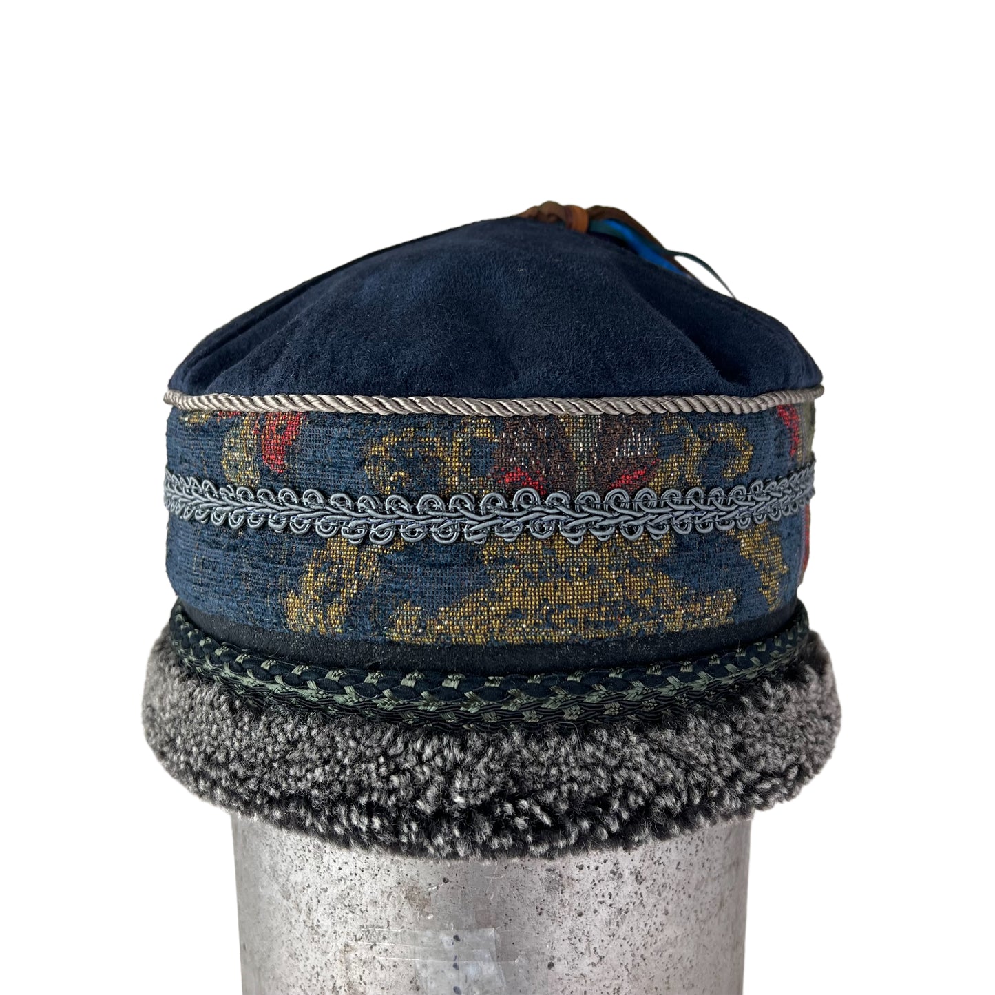 Tibetan Pillbox Hat Medium/Small Navy Green